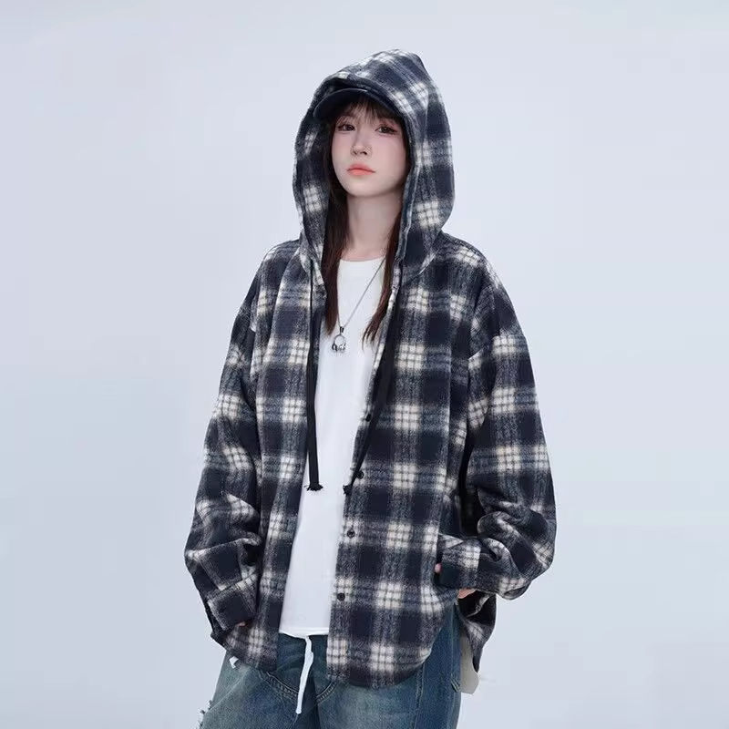港味格子连帽衬衫外套男女春秋2025年新宽松慵懒风中长款休闲上衣