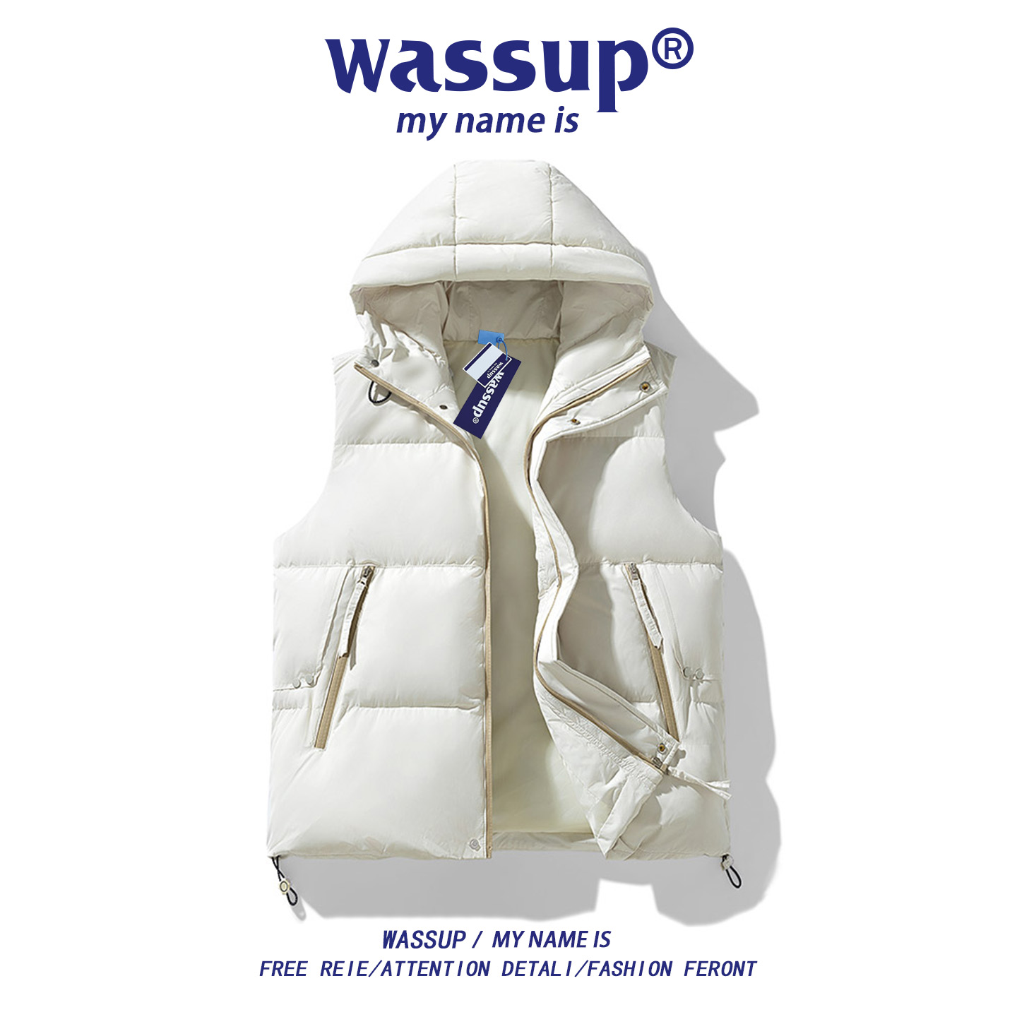 WASSUP冬季连帽保暖羽绒服背心男