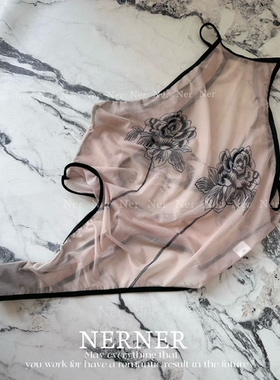 NERNER 亲爱玫瑰*黑色玫瑰印花透网纱性感丁字连体衣 温柔知性