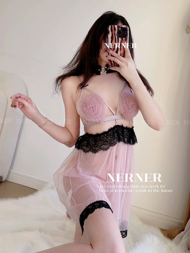 NERNER 「心爱的你」粉雾爱心胸杯 紫粉网纱纯欲风性感吊带睡裙女