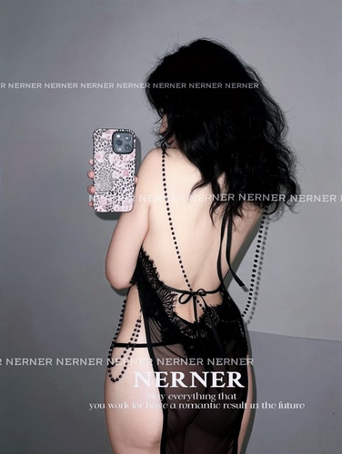 NERNER 肌肤私语*超性感睫毛蕾丝挂脖露背透开衩裙套装 串珠纯欲