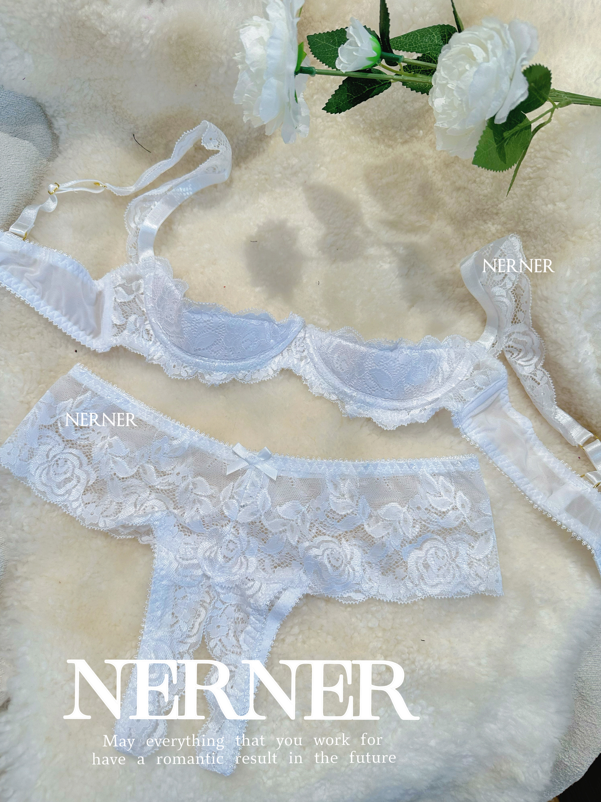 NER梦回夜*性感情趣三点式内衣女上托聚拢镂空开档漏胸成人套装