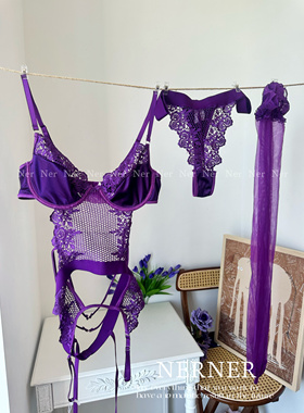 Ner【紫是柔情】性感重工刺绣绸面钢圈薄款蕾丝花边内衣套装