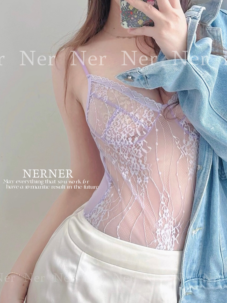 Ner性感连体衣绝美蕾丝绣花网纱透视镂空吊带连体衣钩花内搭内衣