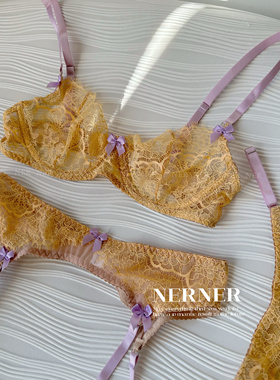 NERNER 相撞*欧美超薄黄色蕾丝性感撞色内衣三件套蝴蝶结文胸纯欲