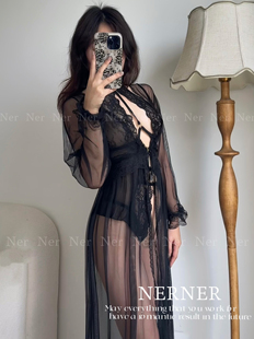 高级 超美蕾丝深v挂脖绑带镂空连体性感内衣套装 NERNER 黑魔法