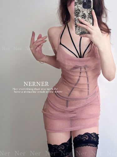 NERNER 绯影* 细闪透网纱性感挂脖内搭修身包臀睡裙 高级纯欲