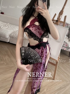 NERNER*东方美人*复古超性感蕾丝透挂脖露背旗袍裙套装 韵味十足