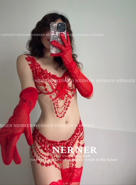 NERNER 今夜舞娘*欧美性感镂空水溶花纯欲红色内衣套装  超火辣妹