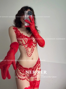 NERNER 今夜舞娘*欧美性感镂空水溶花纯欲红色内衣套装  超火辣妹