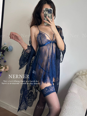 NERNER 浪漫漫* 藏蓝复古睫毛蕾丝重工花边纯欲风性感黑色睡衣女