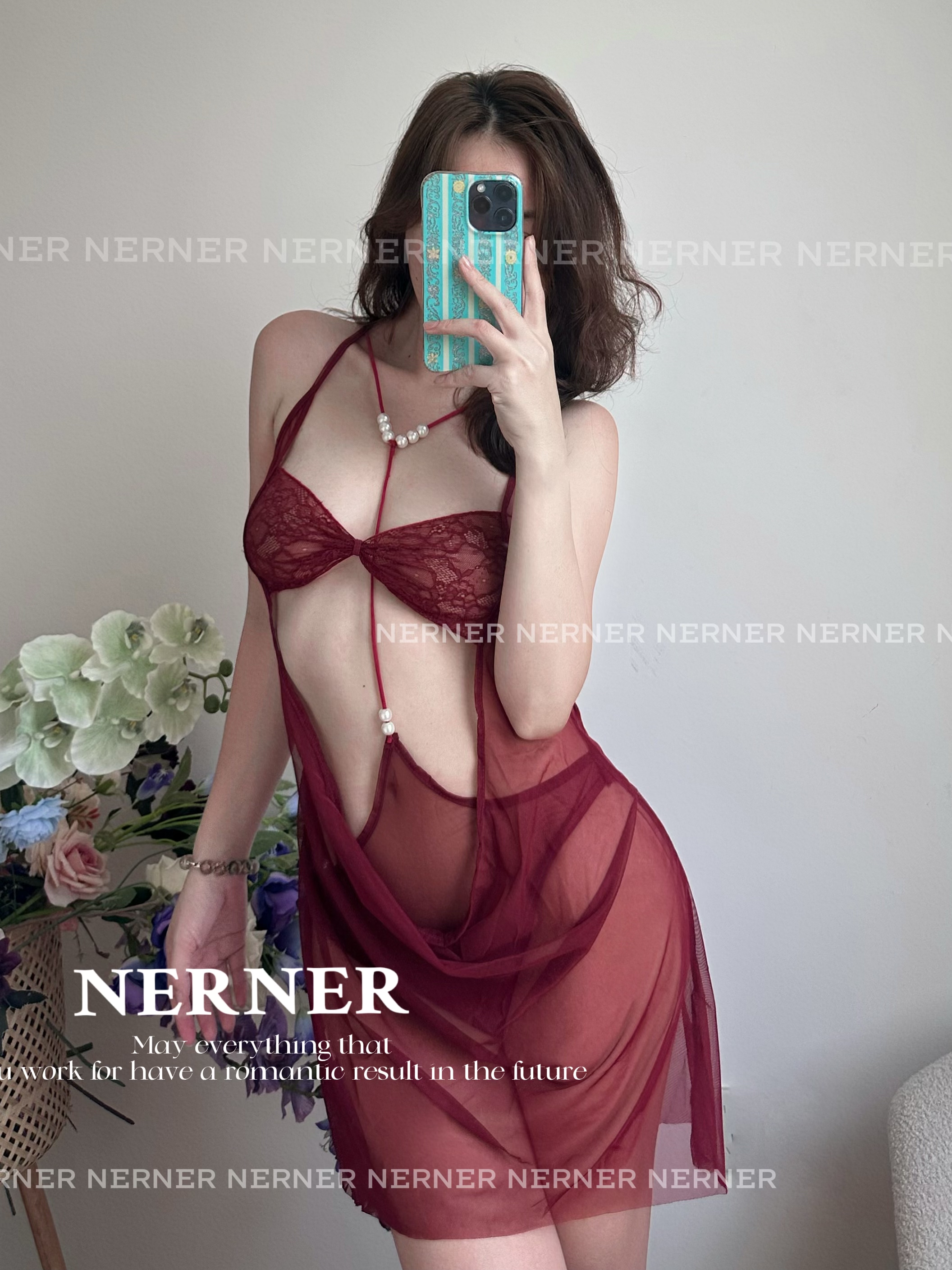 NERNER 绯红*超性感蕾丝镂空挂脖式珍珠文胸套装女网纱红色罩衫