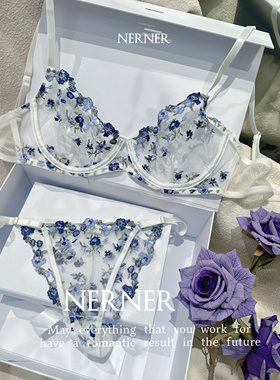 Ner秘密满园@精美碎花刺绣蕾丝性感内衣欧美网纱纯欲薄款文胸套装