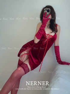 NERNER 红欲*性感暗红色吊带睡裙丝绒纯欲火辣绑带连衣裙 高级感