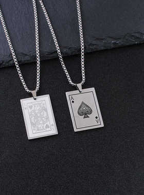 新款扑克牌项链嘻哈男潮小众设计高级感黑桃A钛钢吊坠女个性配饰