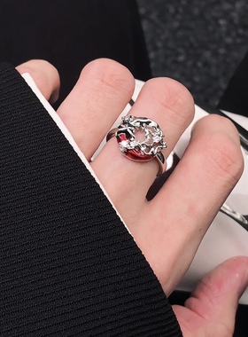 红光星月戒指男女小众设计轻奢指环百搭开口可调节配饰