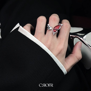 CS1OFR红光蝴蝶锆石男女戒指小众设计甜酷风开口可调节饰品