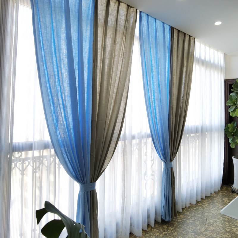 【棉麻】美式乡村新中式复古纯色拼色半遮光亚麻客厅卧室窗帘窗纱,居家布艺,定制窗帘,淘宝优惠券,粉丝福利购,淘宝优惠卷