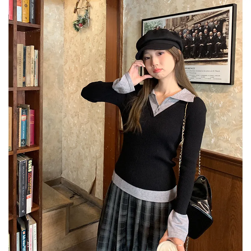 假两件撞色POLO领针织打底衫女春秋袖口开叉小众设计弹力内搭上衣