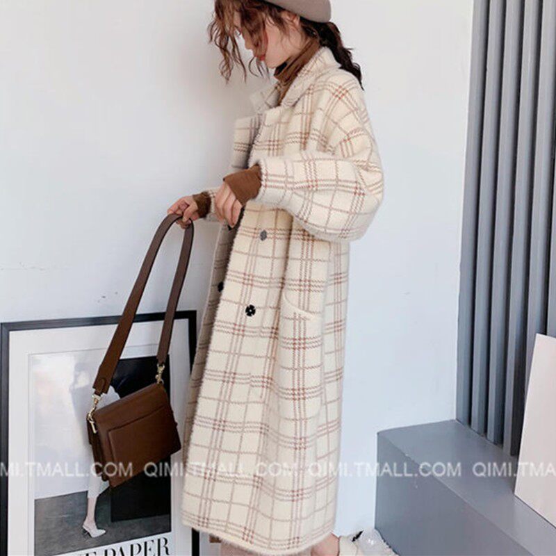 貂绒外套中长款格子毛衣女加厚秋冬装2022新款仿貂毛大衣针织开衫
