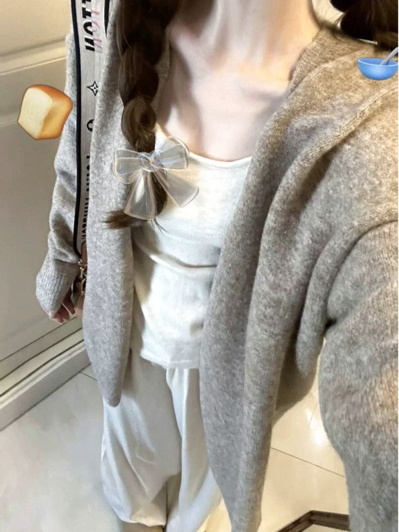 温柔慵懒风~燕麦色针织开衫女2025早秋宽松中长款披肩毛衣外套女