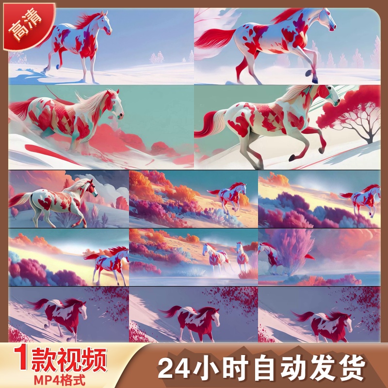 高清国风彩色骏马奔跑云雾山林动态唯美祥瑞风景插画风格视频素材