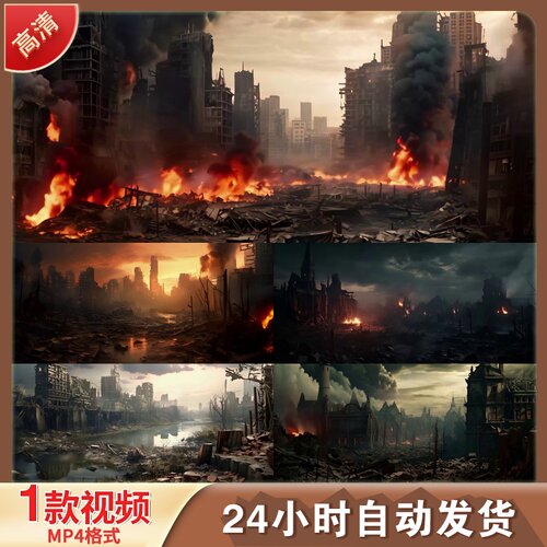 战争城市废墟末日舞台剪辑大火纷飞破败建筑场景4K高清视频素材