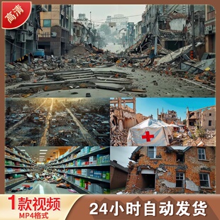 倒塌房屋地震战争废墟自然灾害建筑毁LED舞台背景视频剪辑素材