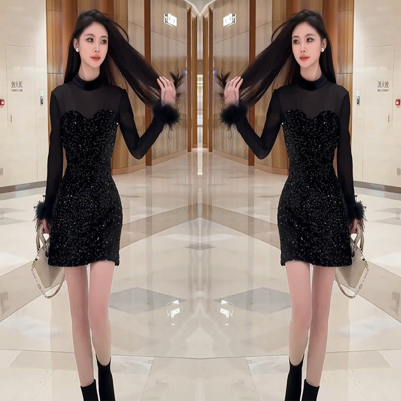 网红爆款法式轻奢风性感连衣裙女2023冬季网纱拼接亮片包臀礼服裙