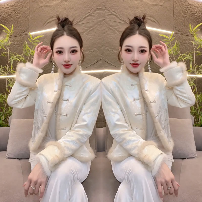 2025冬季新款新中式国风复古盘扣提花拼毛棉服女百搭显瘦洋气外套,女装/女士精品,棉衣/棉服,淘宝优惠券,粉丝福利购,淘宝优惠卷