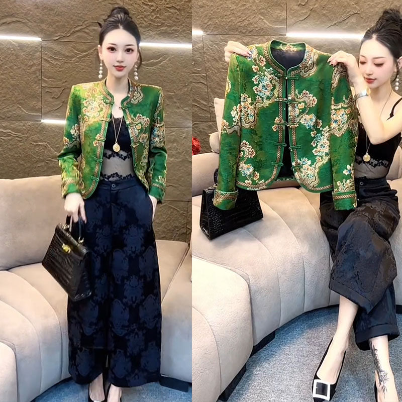 新中式复古精致套装女2026季新款国风盘扣提花短外套阔腿裤两件套 - 韩派靓丽衣族出品