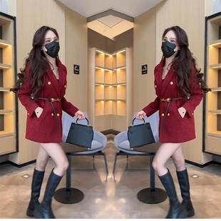 时尚 红色战袍小香风中长款 新款 气质显瘦腰带女装 加厚外套2024春季