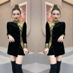 网红爆款御姐风丝绒时尚两件套女2023冬季立领旗袍开叉上衣+短裤m