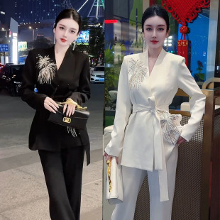 气质优雅时尚 阔腿裤 西装 女轻奢重工烟花亮钻西服 套装 2025春新款