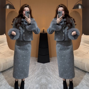 裙女重工刺绣蝴蝶结外套 羽绒棉香风套装 半身裙 网红爆款 2024冬季