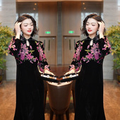 新款 丝绒印花拼色性感气质显瘦连衣裙女 复古轻熟风旗袍裙2024春季