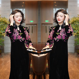 新款复古轻熟风旗袍裙2024春季丝绒印花拼色性感气质显瘦连衣裙女