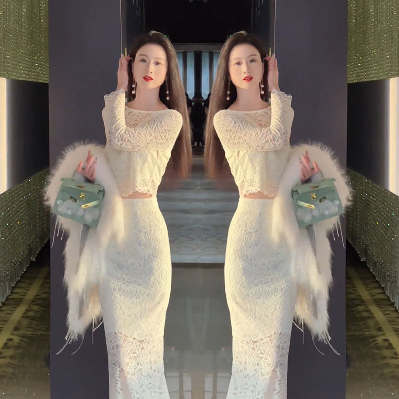 2025春季新款漂亮精美套装裙女神范气质蕾丝上衣显瘦包臀裙两件套