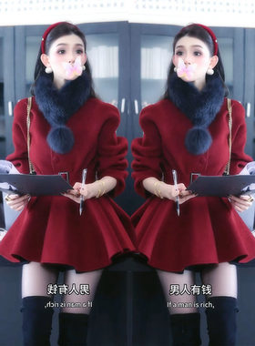 红色中长款收腰毛毛领外套大衣女