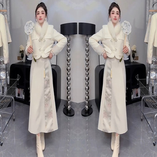 网红爆款新中式禅意温柔风时尚套装女2023冬季毛边外套+百褶长裙m