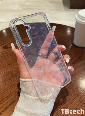 适用于三星S24Ultra手机壳 透明 镭射爱心 轻奢 S23Plus S22 ins风 日韩 A54 A53 A25 A35 全包 防摔 保护套