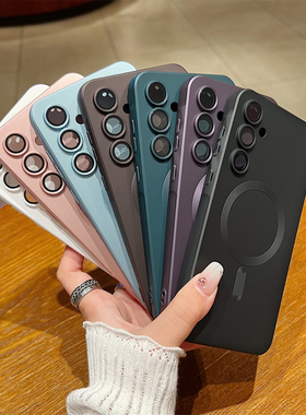 适用于三星a56手机壳磁吸圈金属漆磨砂S25Ultra/S24/S23/A35带镜头膜软壳全包防摔保护套