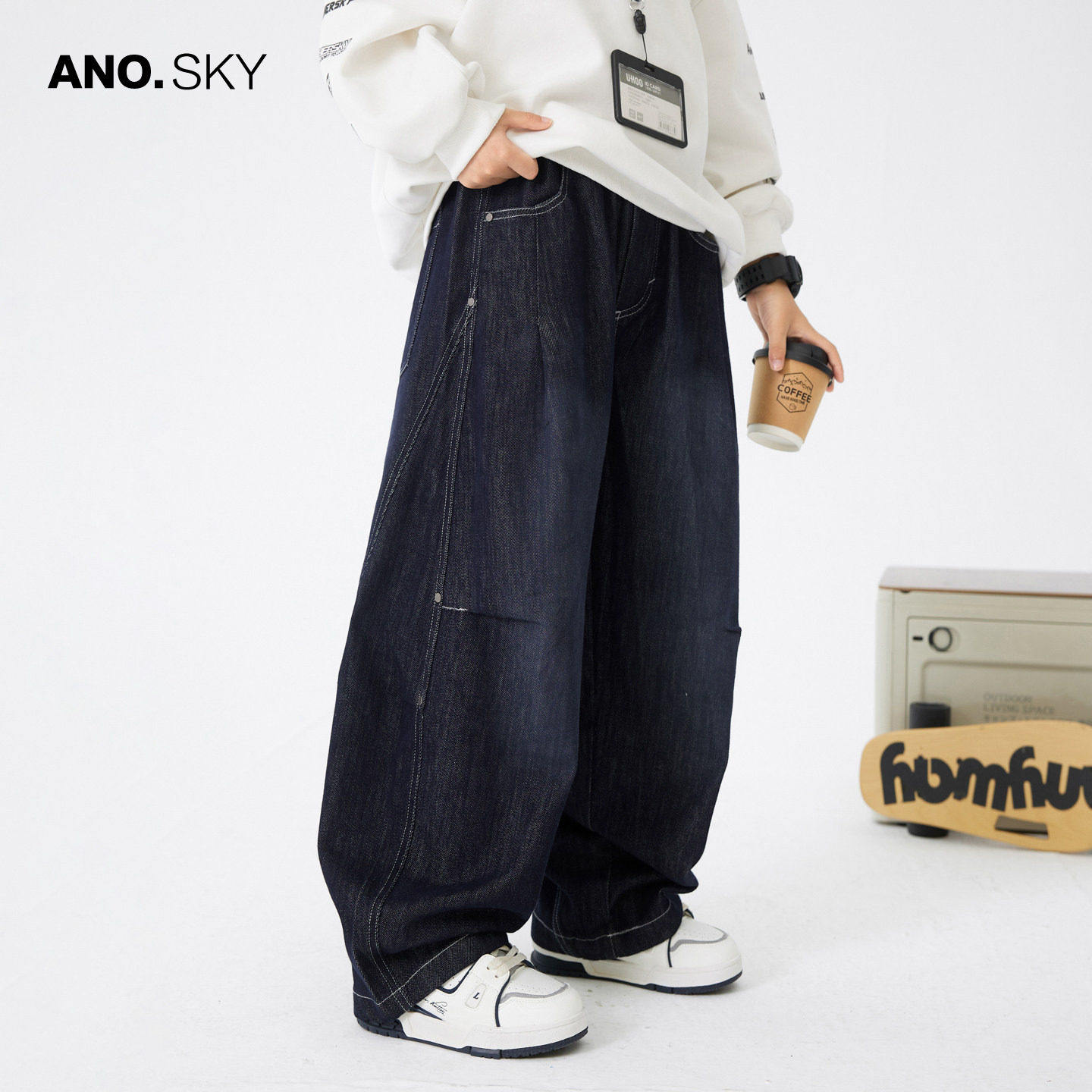 anothersky男童春季宽松直筒牛仔裤2026新款儿童工装春秋休闲裤子