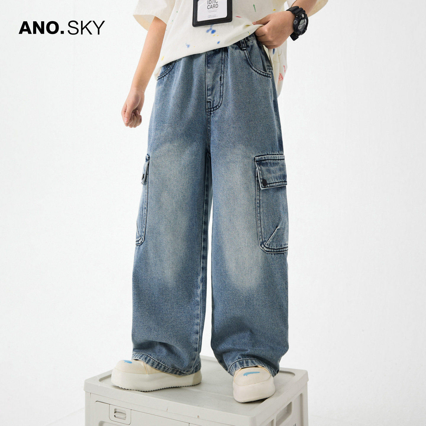 anothersky男童春秋直筒工装牛仔裤2026新款儿童春装阔腿休闲裤子