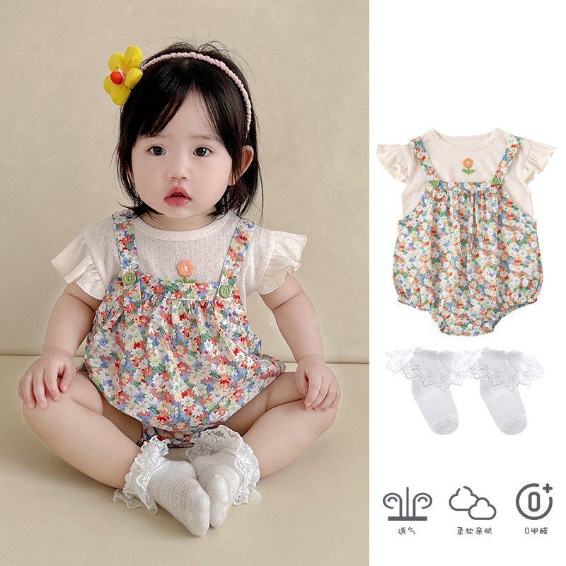 韩国Uamtor夏季新款婴幼儿连体衣女宝宝碎花哈衣背带裤短袖两件套