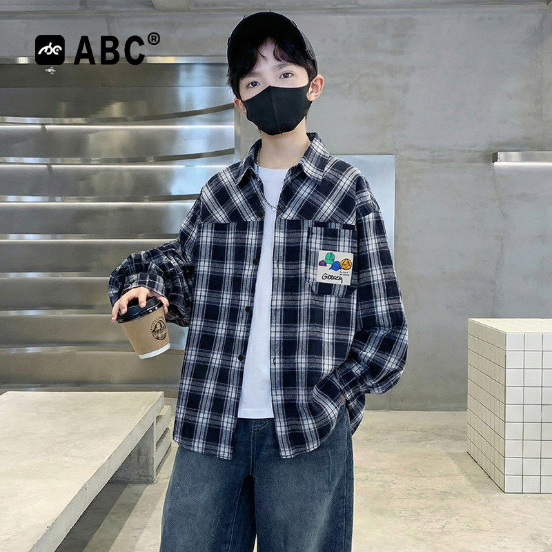 ABC男童春秋格子衬衫2026新款儿童长袖开衫6-12岁男孩洋气外套潮