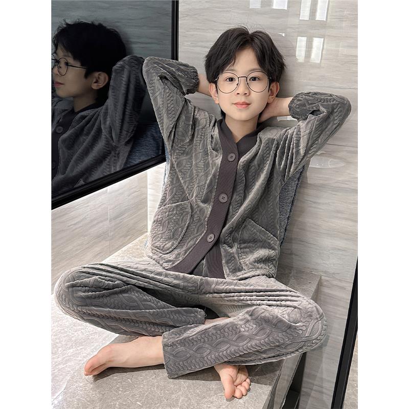 韩国男童秋季睡衣套装春秋款2025中大童儿童装青少年珊瑚绒家居服