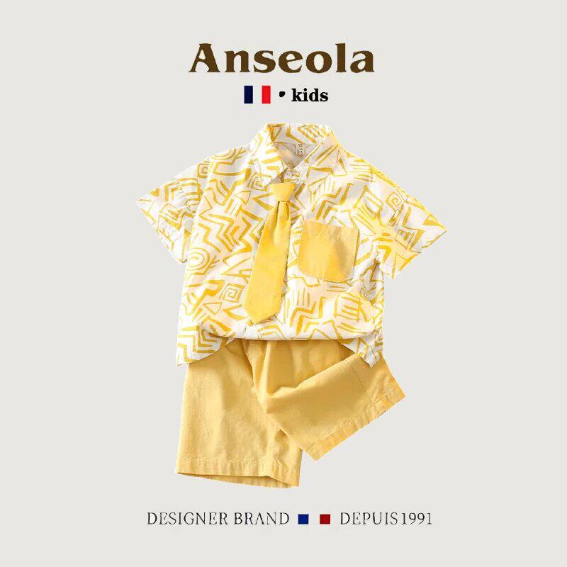 法国Anseola男童夏季衬衫套装洋派宝宝短袖潮男孩儿童酷痞两件套