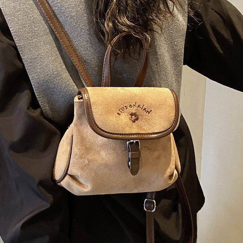 精致迷你绒简约双肩包复古包包新款麂皮女式2026包小书包后背超火