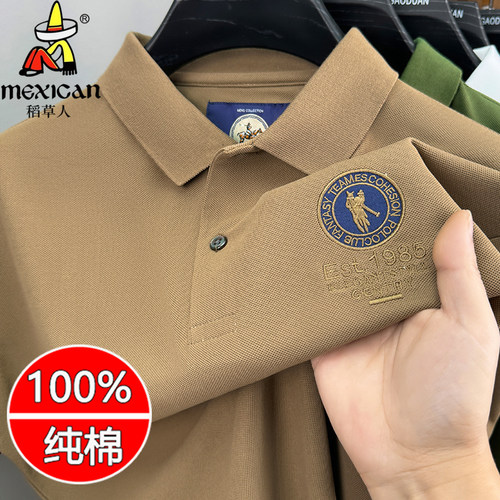 稻草人2025新款男士短袖polo衫夏季纯棉翻领宽松t恤纯色上衣体恤